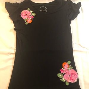 Inc - black T with embroidery and ruffle sleeve